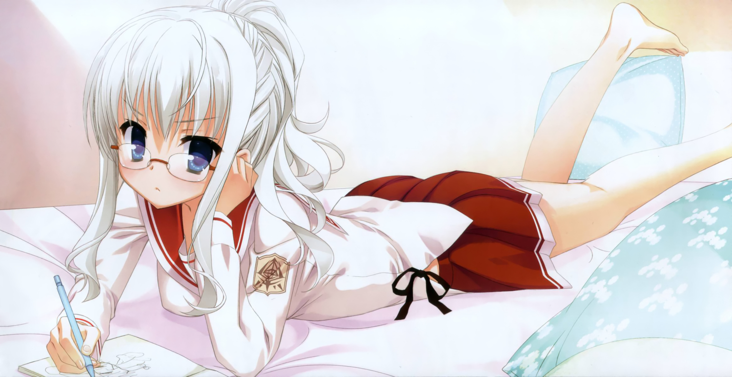 bed, glasses, hidan_no_aria, jeanne_d'arc_(hidan_no_aria), kobuichi, school_uniform, white_hair