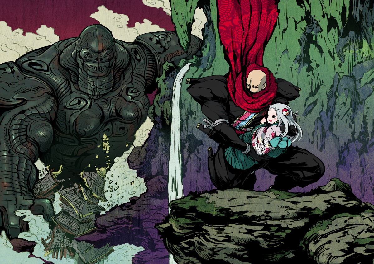 all_male, armor, japanese_clothes, male, nagasawa_shin, ninja, scarf, water, waterfall, weapon, white_hair