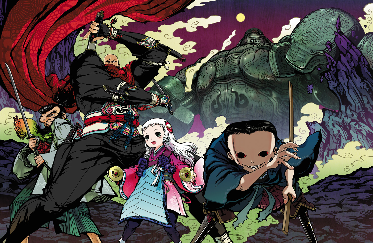 all_male, armor, black_eyes, black_hair, green_eyes, japanese_clothes, katana, long_hair