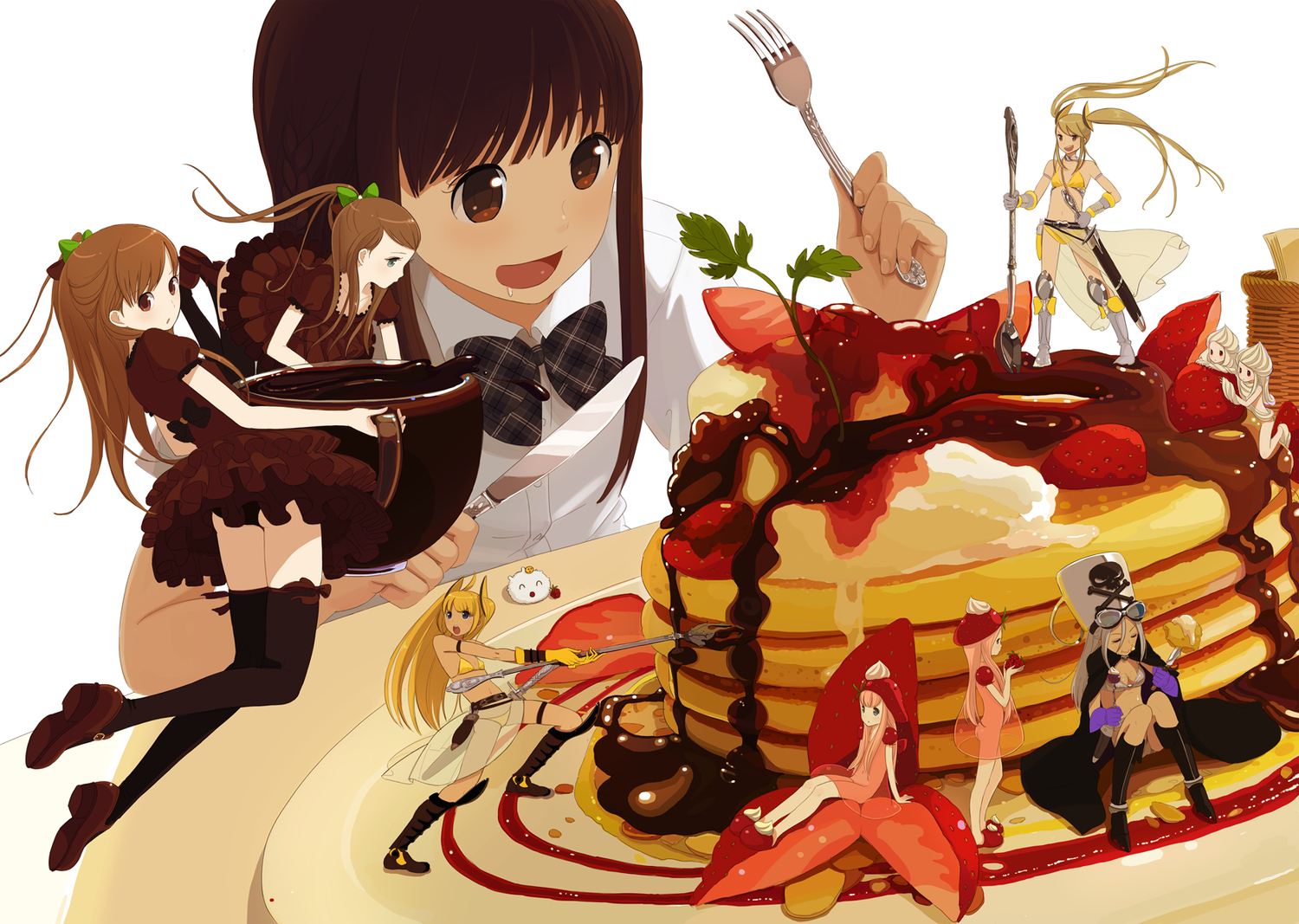 armor, ass, blonde_hair, blue_eyes, bow, brown_eyes, brown_hair, candy, chocolate, drink, food, fruit, gray_hair, green_eyes, hat, knife, kokudou_juunigou, original, ponytail, red_eyes, strawberry, sword, thighhighs, twintails, weapon