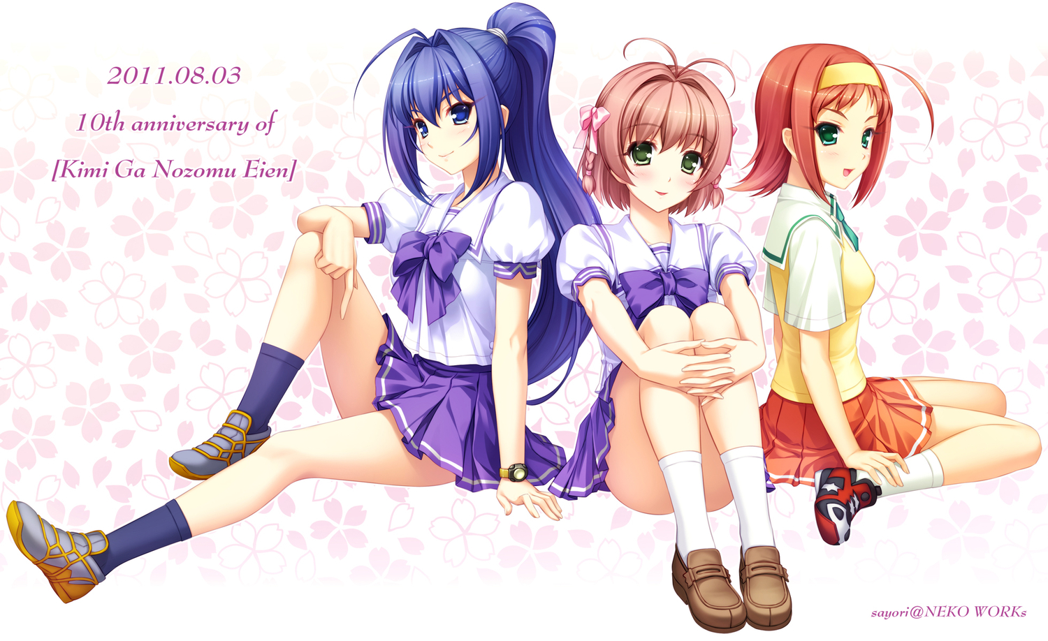 blue_eyes, blue_hair, bow, braids, brown_hair, cherry_blossoms, flowers, green_eyes, hayase_mitsuki, headband, kimi_ga_nozomu_eien, long_hair, orange_hair, ponytail, sayori, school_uniform, short_hair, skirt, socks, suzumiya_akane, suzumiya_haruka, watermark, wristwear