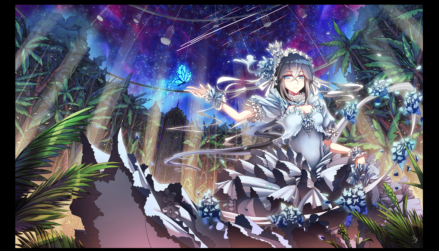 black_hair, blue_eyes, butterfly, cage, dress, flowers, glycyrrhizae, leaves