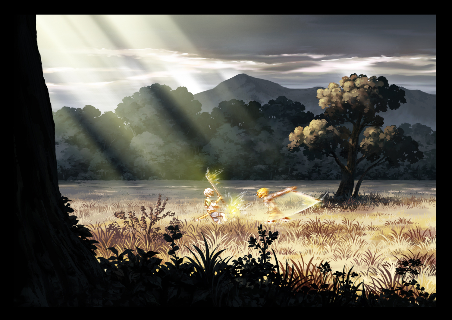 armor, blonde_hair, clouds, grass, original, scenic, shjjy296, sky, sword, tree, weapon, white_hair