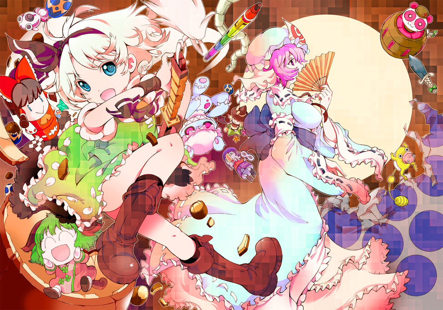 animal_ears, blue_eyes, boots, bow, candy, chibi, dress, green_hair, hakurei_reimu, hong_meiling, ichizen_(o_tori), kasodani_kyouko, katana, kirisame_marisa, konpaku_youmu, miyako_yoshika, myon, pink_hair, saigyouji_yuyuko, sword, tail, touhou, weapon