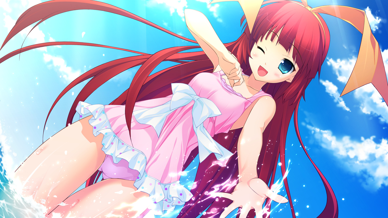 game_cg, kuon_itsuki, long_hair, red_hair, rosebleu, swimsuit, tiny_dungeon, von_term