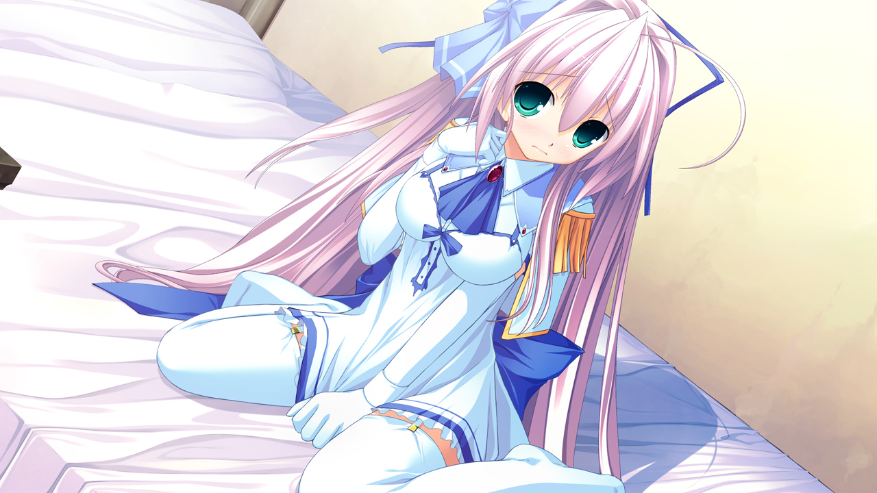 bed, game_cg, green_eyes, kuon_itsuki, long_hair, note_rueme, pink_hair, rosebleu, thighhighs, tiny_dungeon