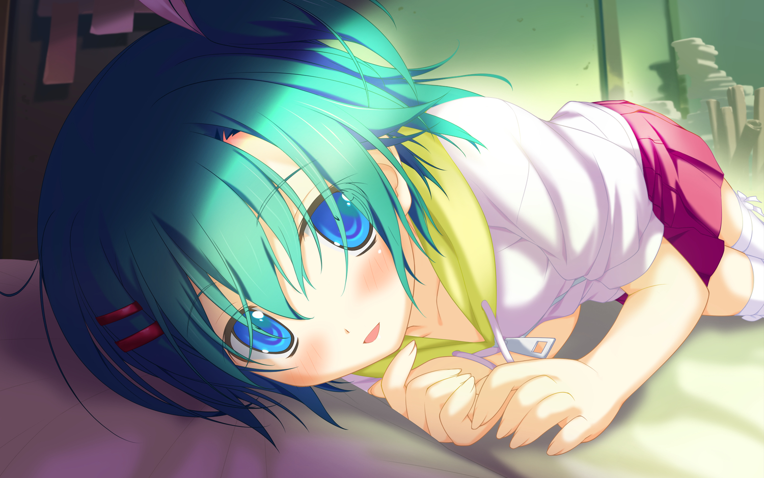 blue_eyes, blush, close, favorite, game_cg, green_hair, gt, irotoridori_no_sekai, short_hair, thighhighs, toumine_tsukasa