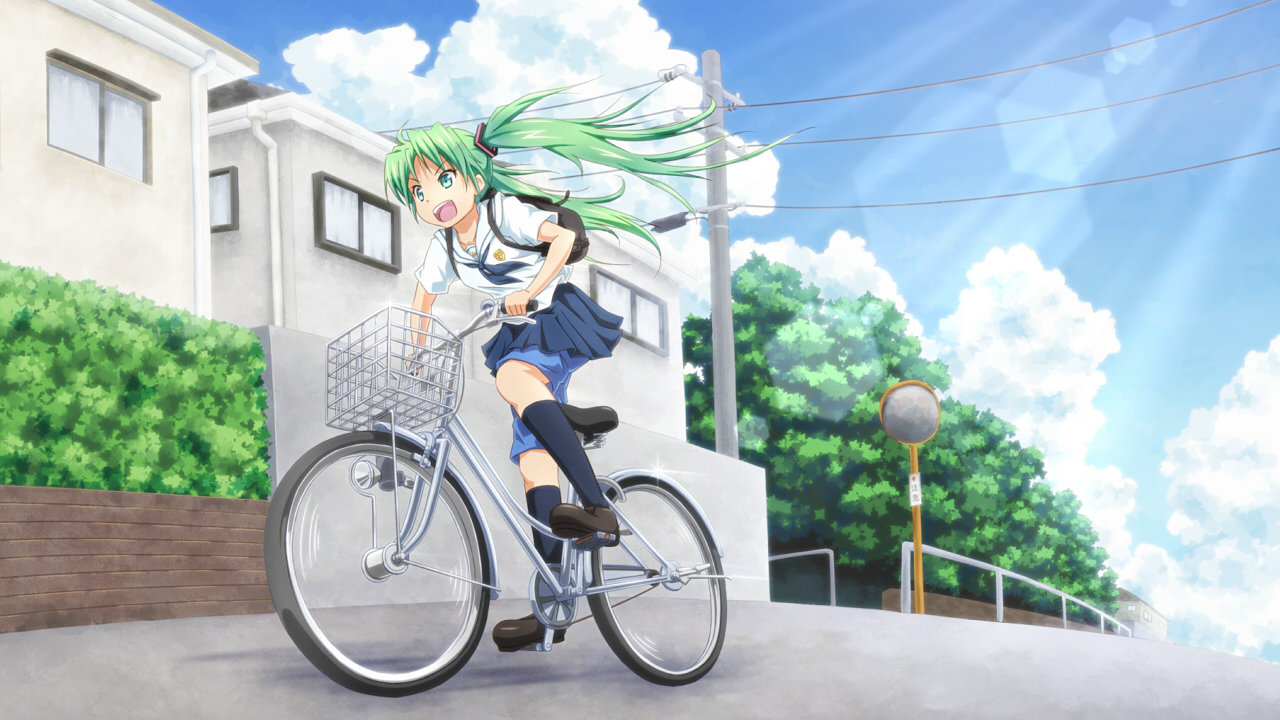 bicycle, green_hair, hatsune_miku, limiter_cut_(vocaloid), onsen_(riai), school_uniform, sky, twintails, vocaloid