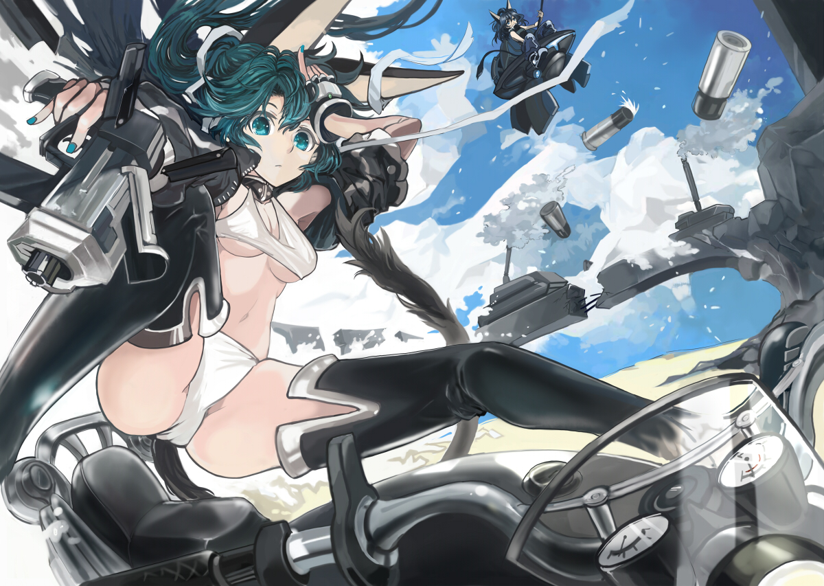 2girls, animal_ears, black_hair, boots, breasts, clouds, green_eyes, green_hair, gun, long_hair, mecha, motorcycle, original, ryuuri_susuki, sky, tail, thighhighs, underboob, weapon
