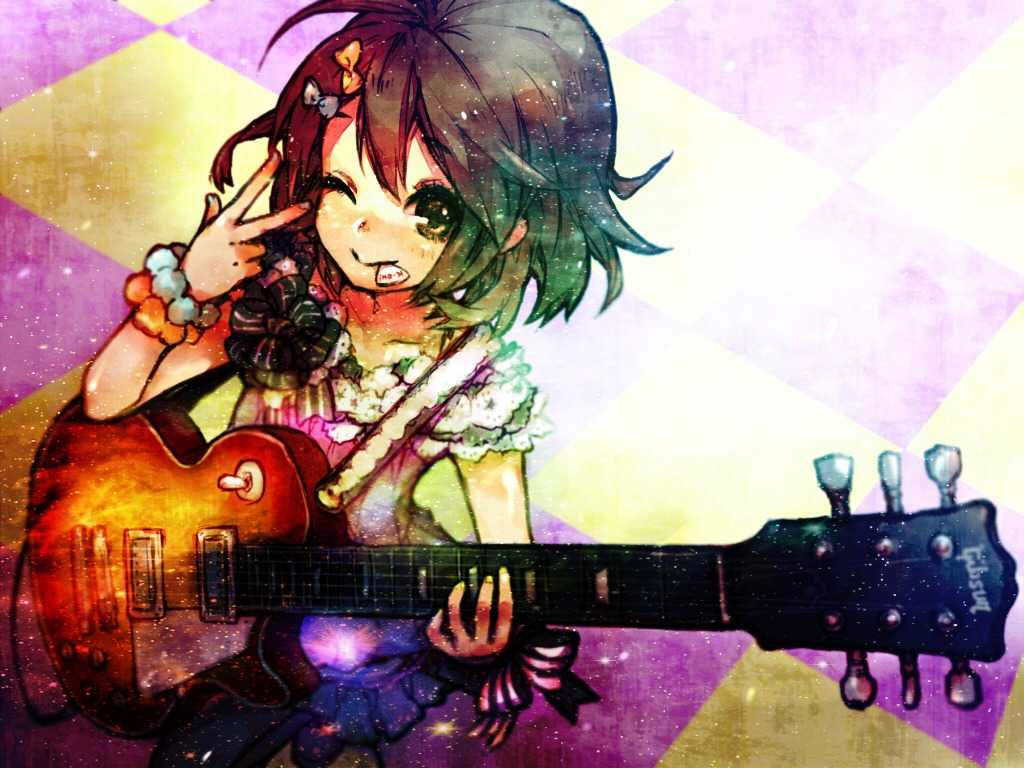ameiro, brown_eyes, brown_hair, guitar, hirasawa_yui, instrument, k-on!, wink