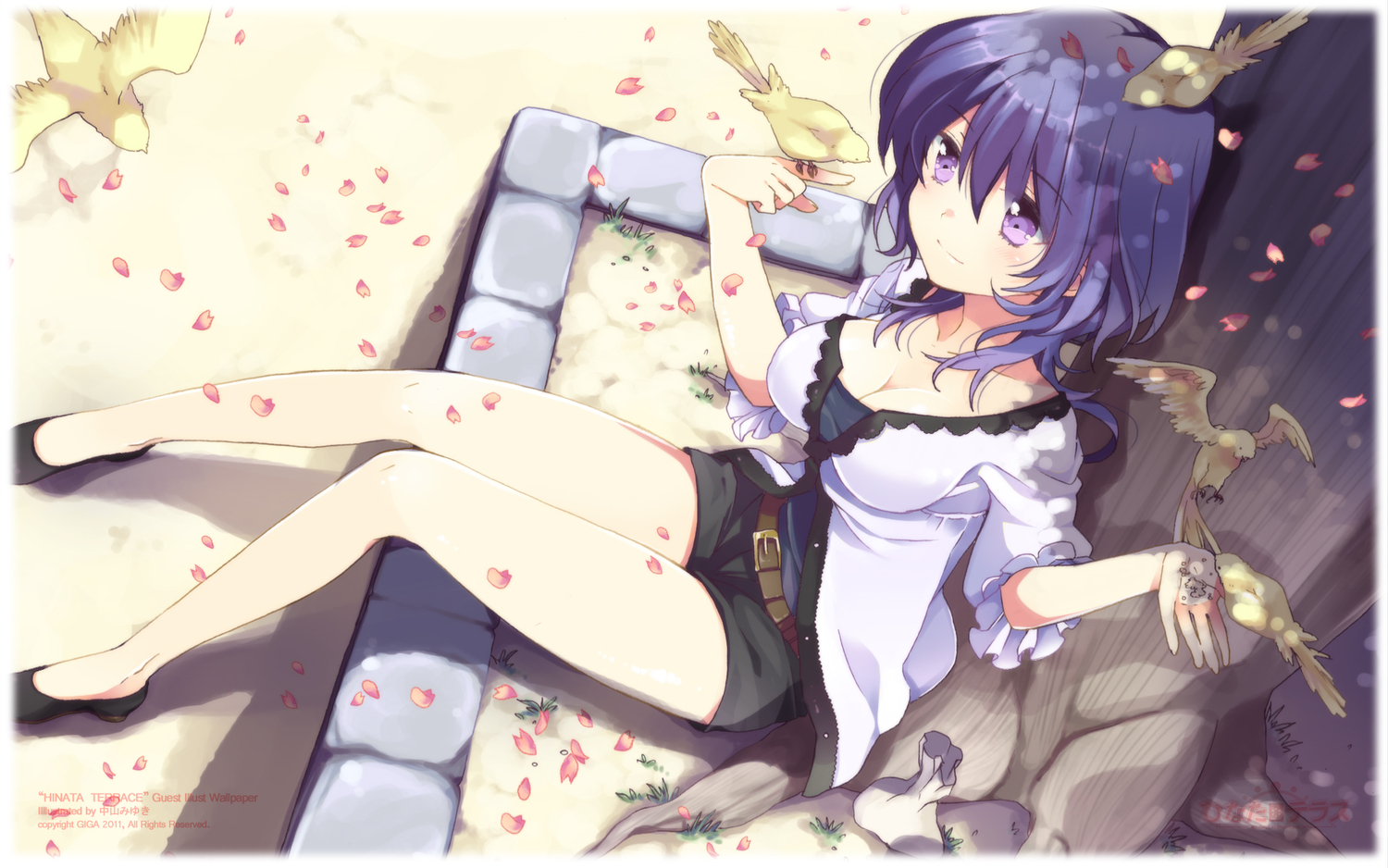 animal, bird, blue_hair, fujino_natsuki, hinata_terrace, purple_eyes, watermark