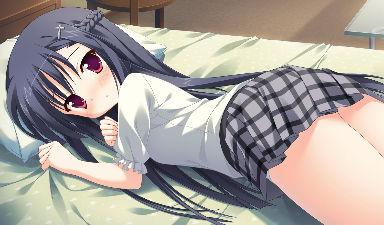 bed, black_hair, blush, game_cg, kitamikado_ritsuko, long_hair, princess_evangile, red_eyes, saeki_nao, skirt
