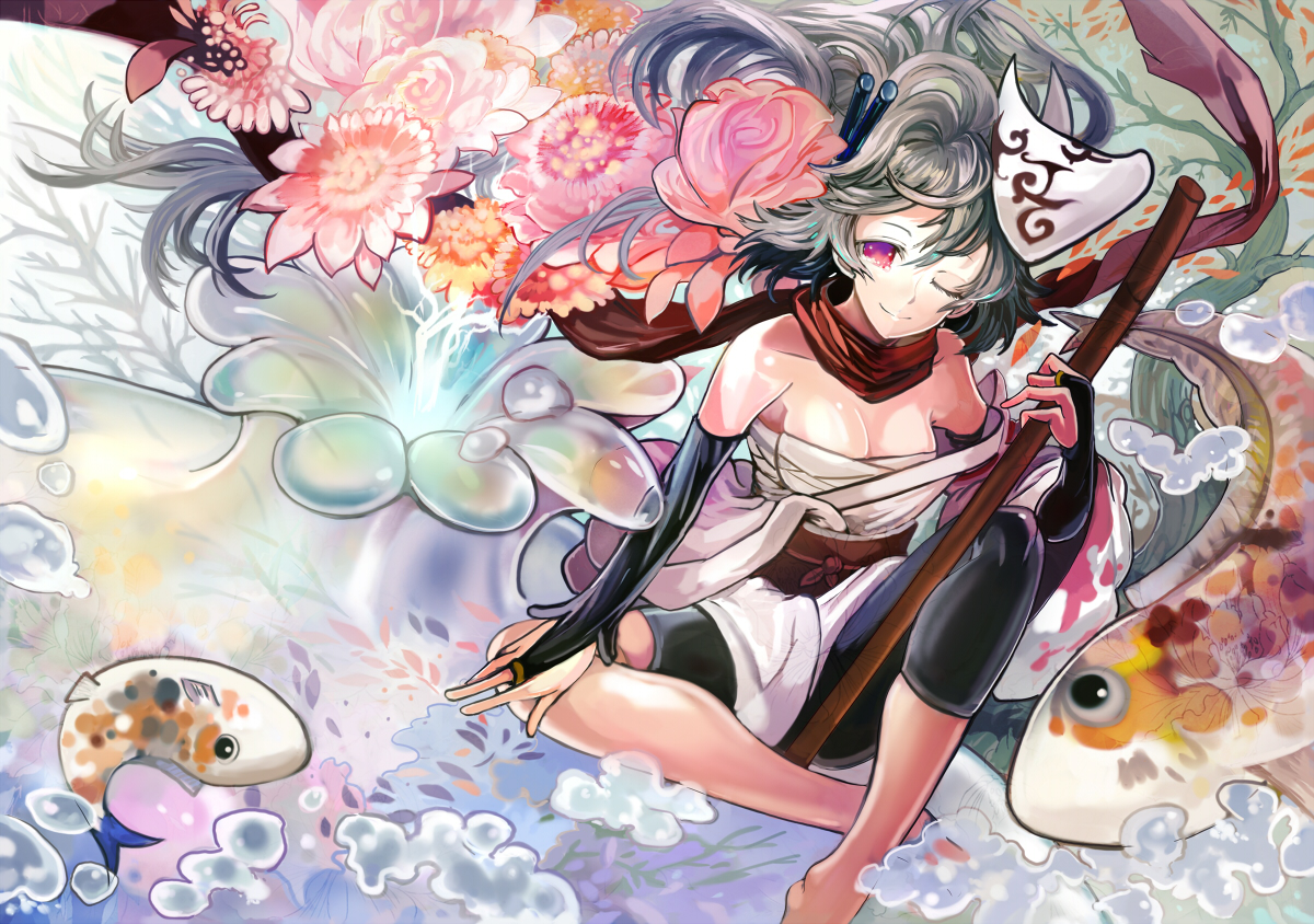 animal, fish, flowers, katana, long_hair, mask, original, pink_eyes