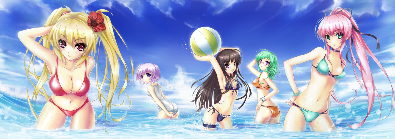 bikini, black_hair, blonde_hair, blue_eyes, breasts, cleavage, green_eyes, green_hair