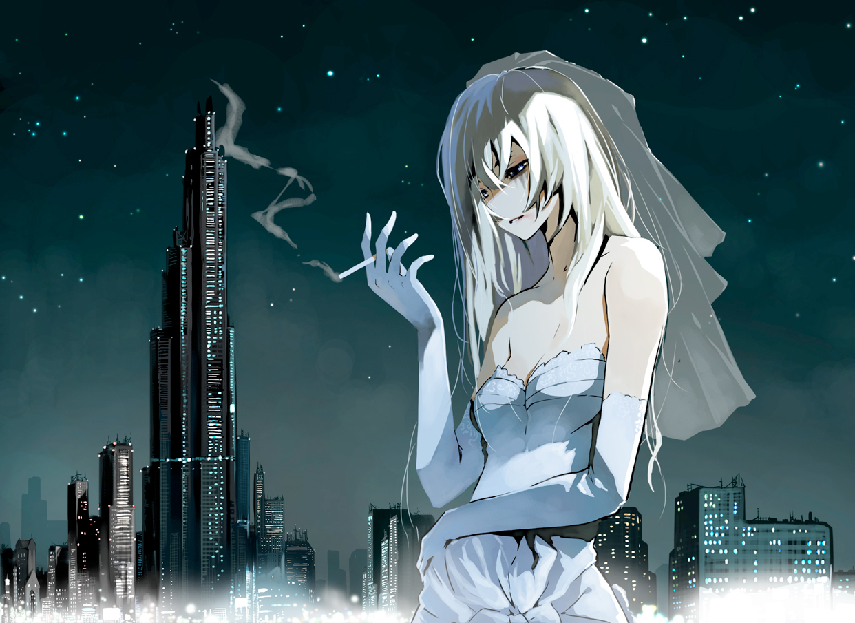 blonde_hair, building, cigarette, city, justminor, night, original, stars