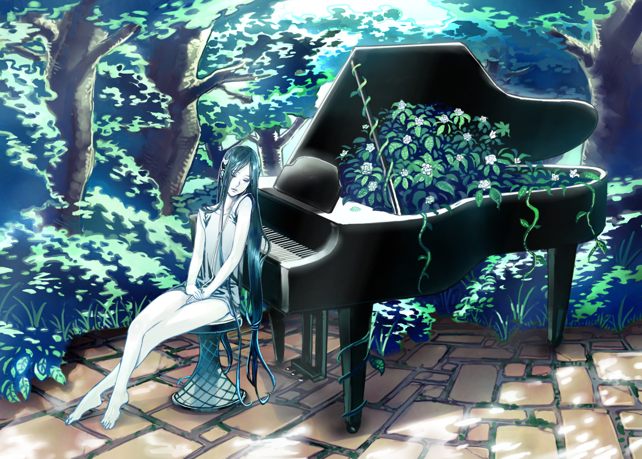 aqua_hair, flowers, forest, headphones, instrument, long_hair, piano, sleeping, touge_(kubiwa_tsuki), tree