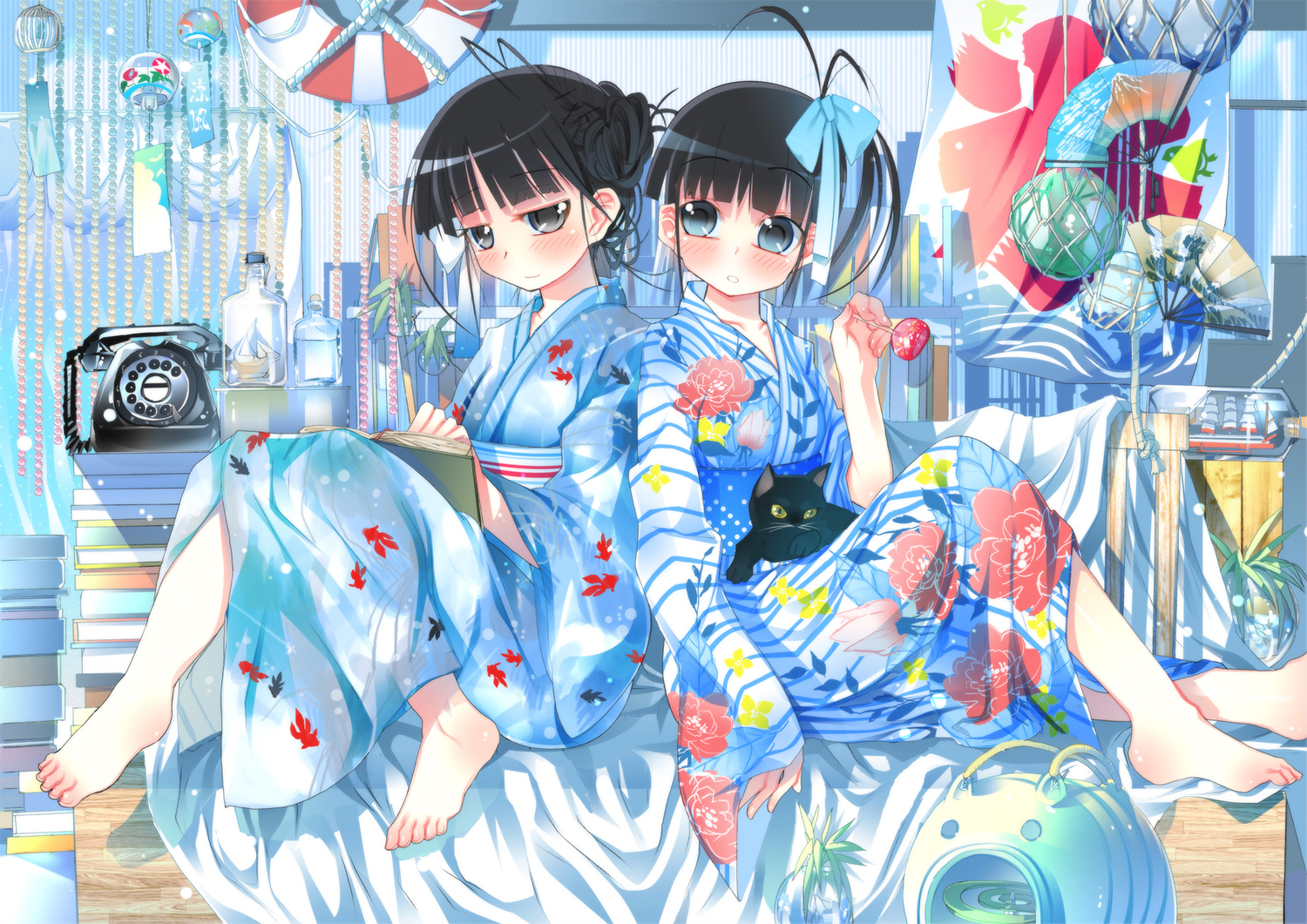 2girls, animal, barefoot, black_hair, bow, cat, fan, gray_eyes
