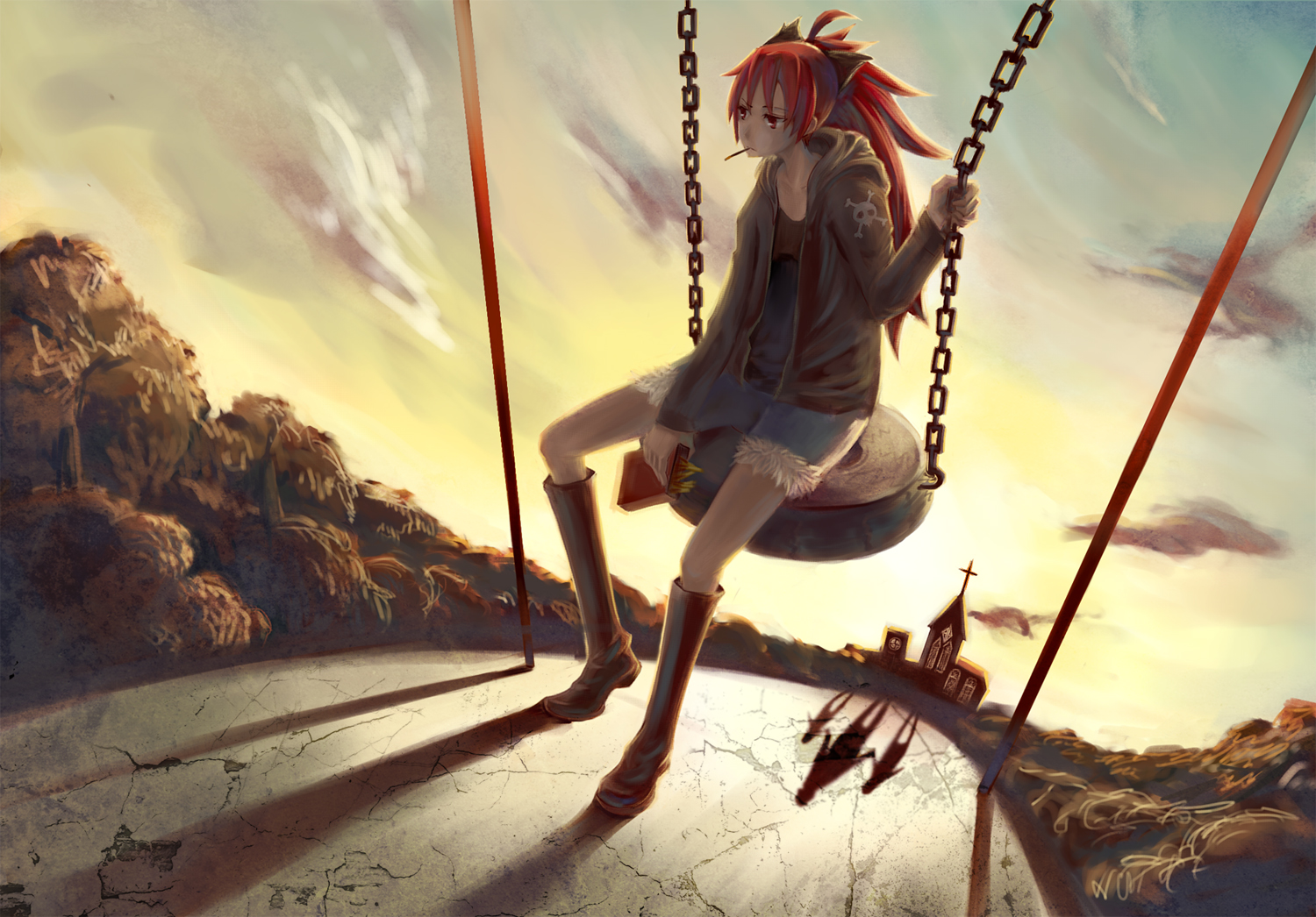 die_(artist), food, mahou_shoujo_madoka_magica, pocky, red_hair, sakura_kyouko, sunset