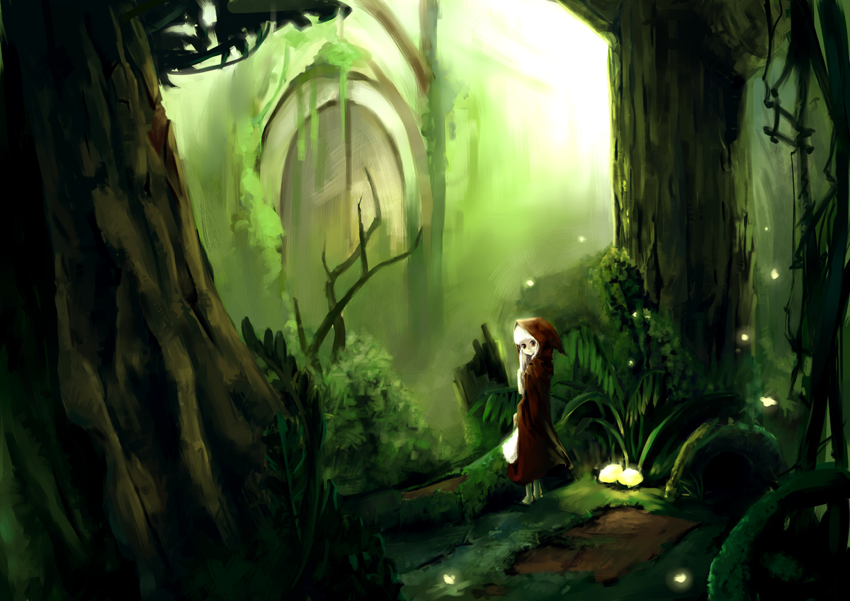 forest, green, little_red_riding_hood, red_riding_hood, relax, tree, white_hair