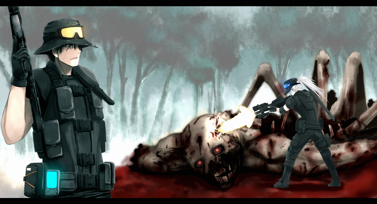 black_eyes, black_hair, blood, blue_eyes, boots, demon, forest, gloves, goggles, gun, hat, onibi_(foxhound4185), original, phone, ponytail, short_hair, tree, weapon, white_hair