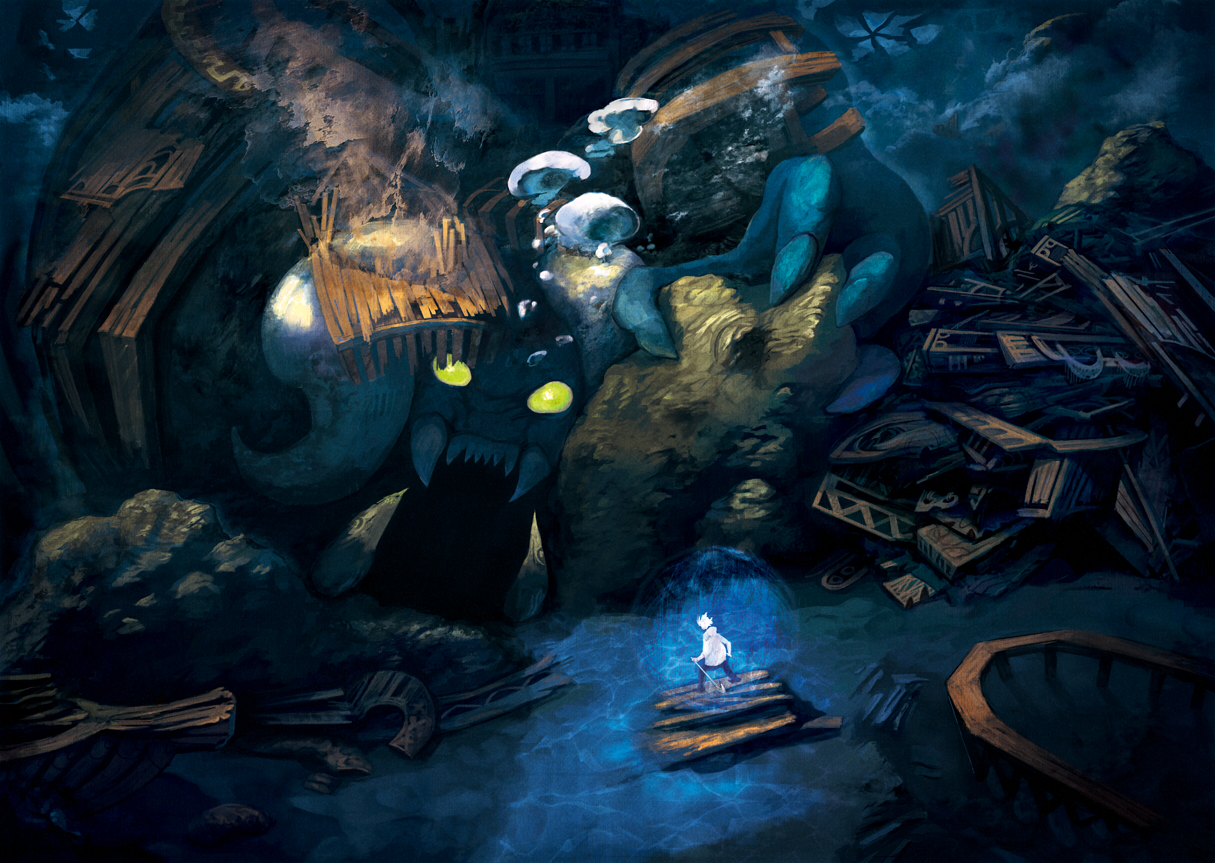 bubbles, demon, enfance, original, ruins, underwater, water, weapon, yellow_eyes