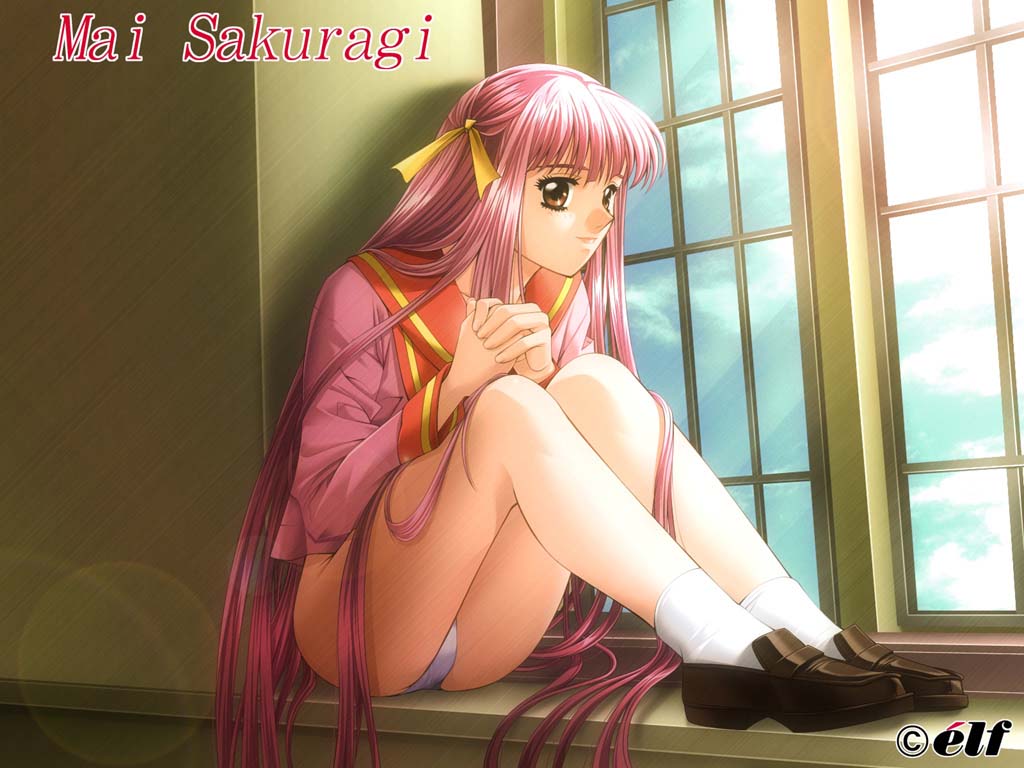 brown_eyes, doukyuusei, long_hair, panties, pink_hair, ribbons, sakuragi_mai, school_uniform, socks, takei_masaki, underwear