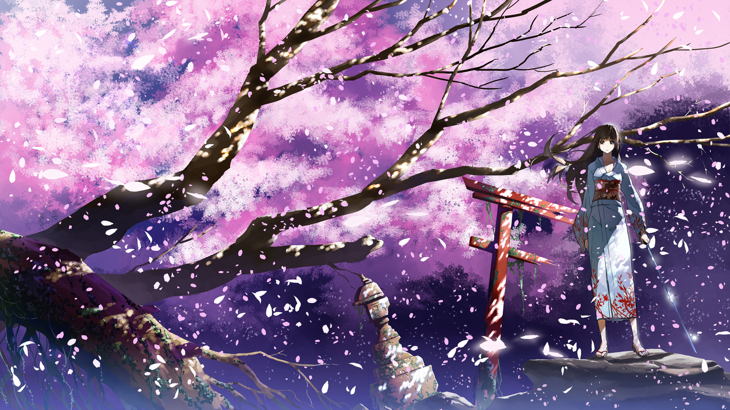 cherry_blossoms, flowers, japanese_clothes, justminor, katana, original, petals, sword