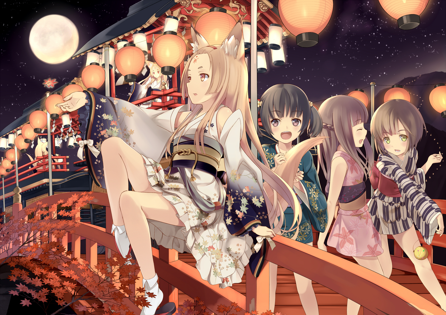 animal_ears, autumn, festival, group, japanese_clothes, leaves, moon, night