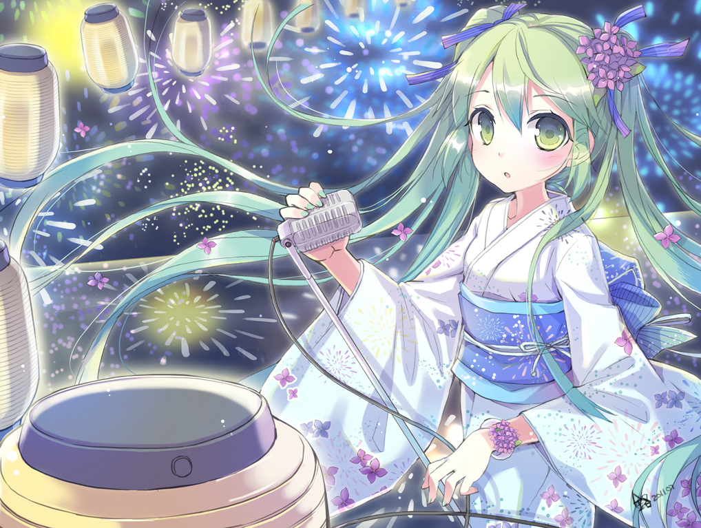 blush, fireworks, flowers, green_eyes, green_hair, hatsune_miku, japanese_clothes, jin_young-in