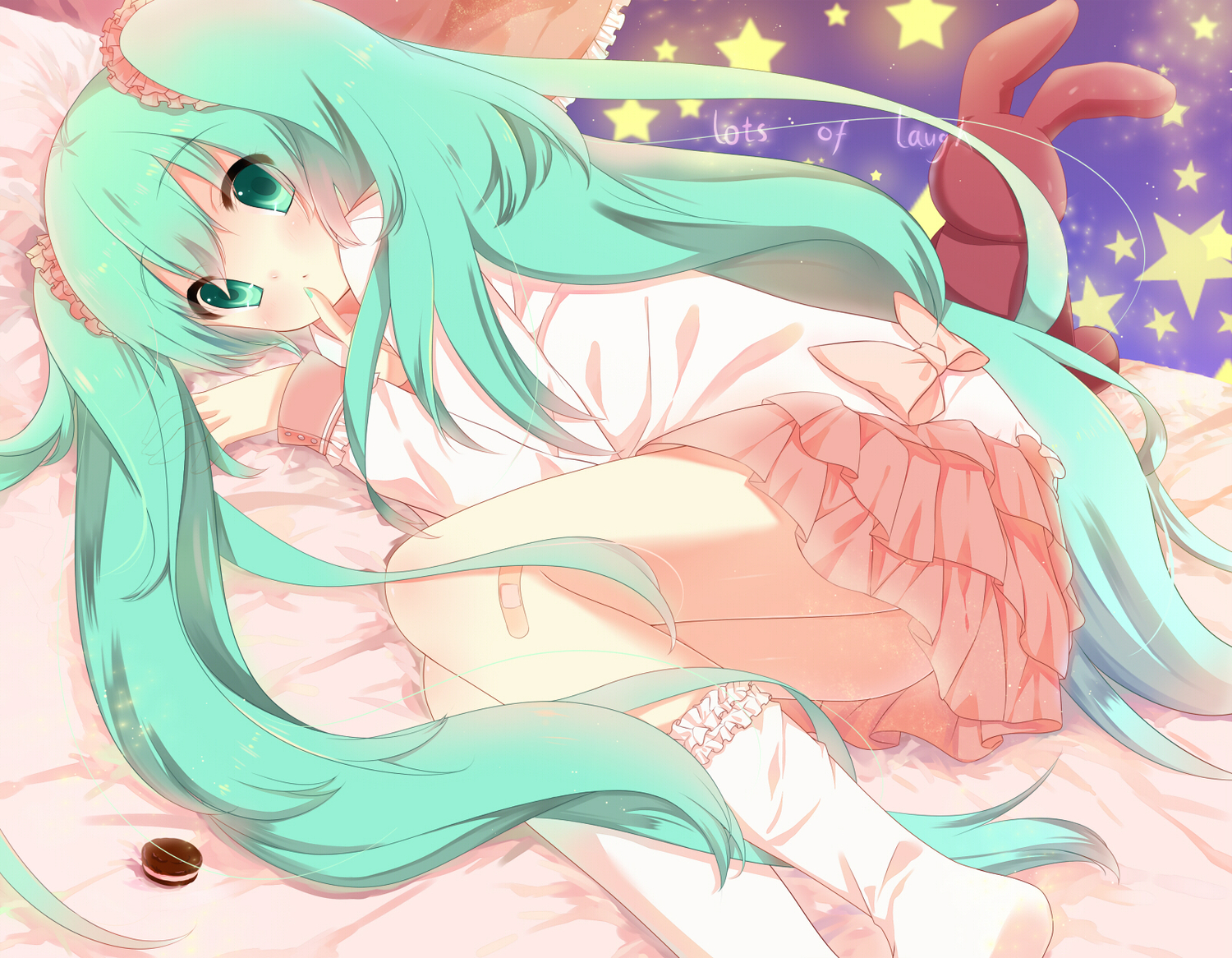 aqua_eyes, aqua_hair, bunny, food, hatsune_miku, long_hair, lots_of_laugh_(vocaloid), p0ckylo, stars, twintails, vocaloid