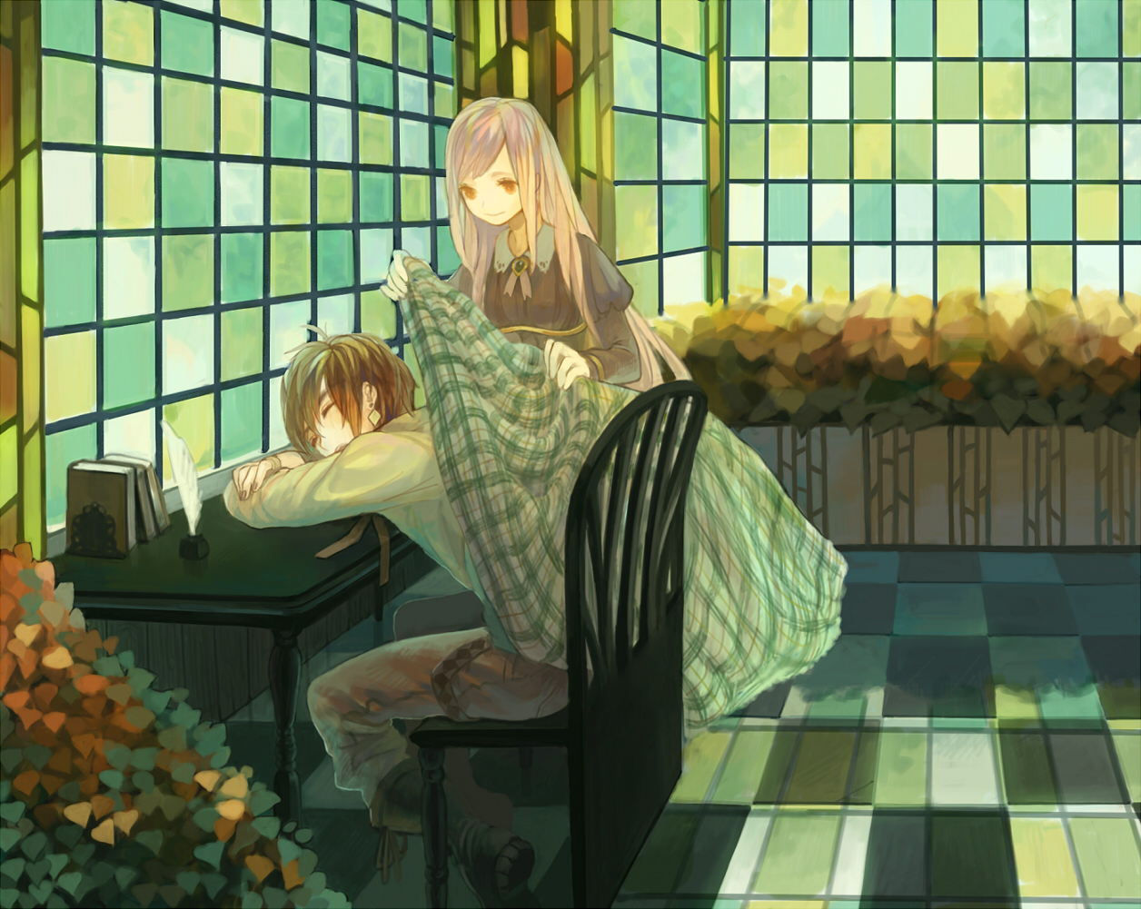 book, brown_eyes, brown_hair, mikebosi, original, pink_hair, sleeping