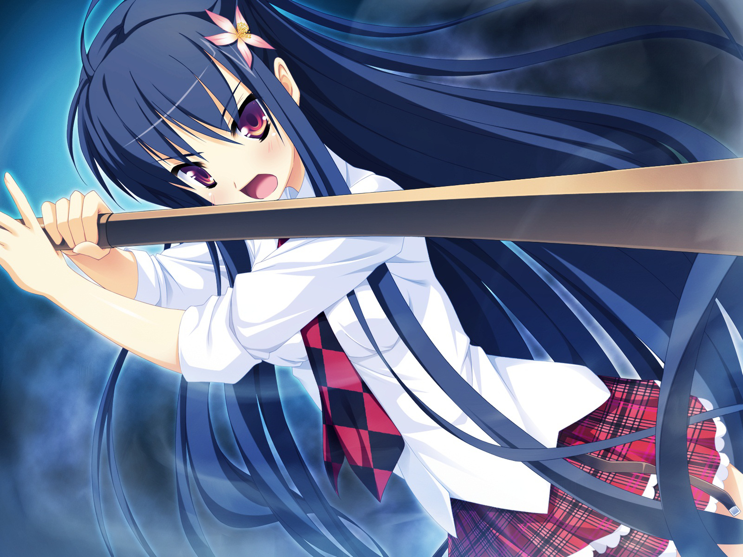 blue_hair, game_cg, kibitsumiya_akari, nimura_yuushi, oni_gokko, tie, weapon