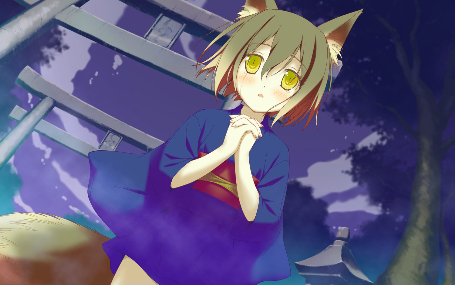 animal_ears, blush, brown_hair, favorite, foxgirl, irotoridori_no_sekai, japanese_clothes, night
