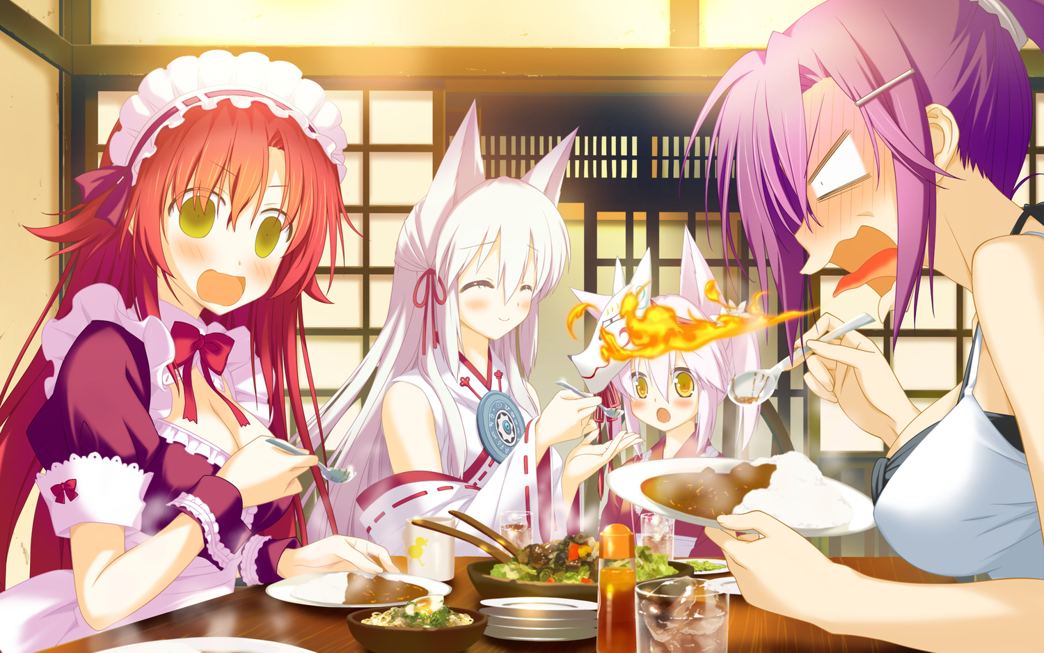 animal_ears, bow, drink, favorite, fire, food, foxgirl, group