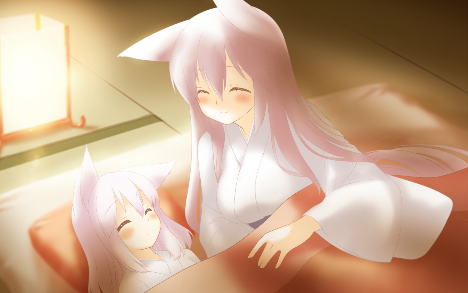 2girls, animal_ears, bed, blush, favorite, foxgirl, game_cg, haku_(irotoridori_no_sekai), irotoridori_no_sekai, japanese_clothes, loli, long_hair, pink_hair, ren_(irotoridori_no_sekai), shida_kazuhiro, sleeping