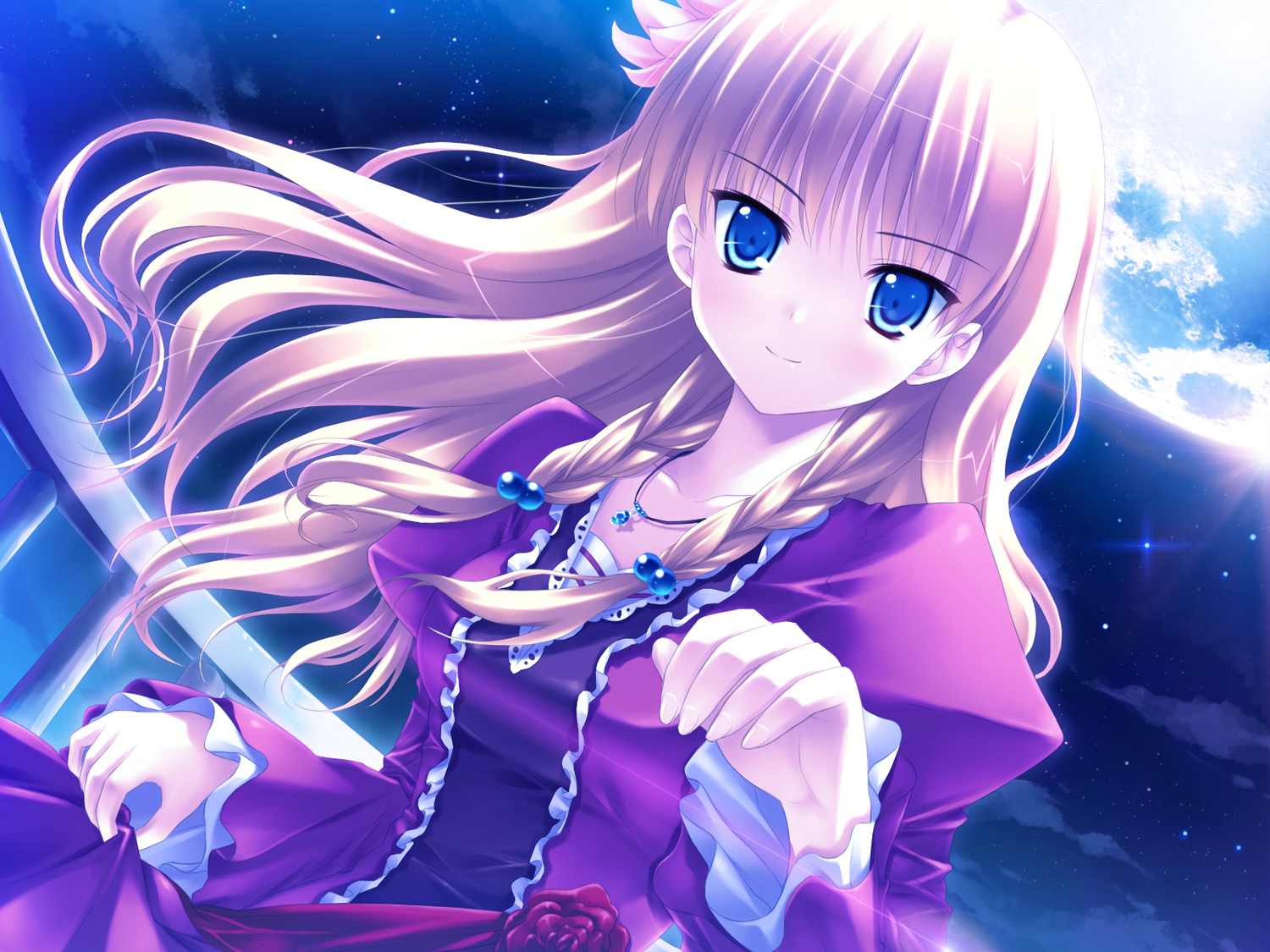 blonde_hair, blue_eyes, dress, flowers, game_cg, journey, long_hair, moon, nanairo_kouro, necklace, night, rachel_windsor, rakko, sky, stars