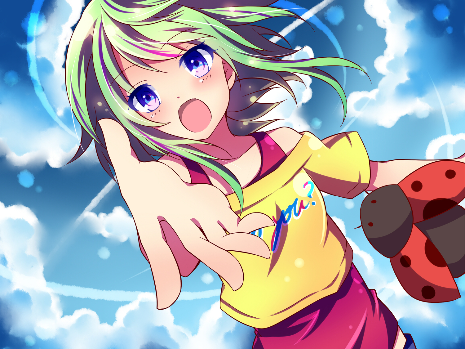 blue_eyes, clouds, green_hair, gumi, sky, urara_(sumairuclover), vocaloid