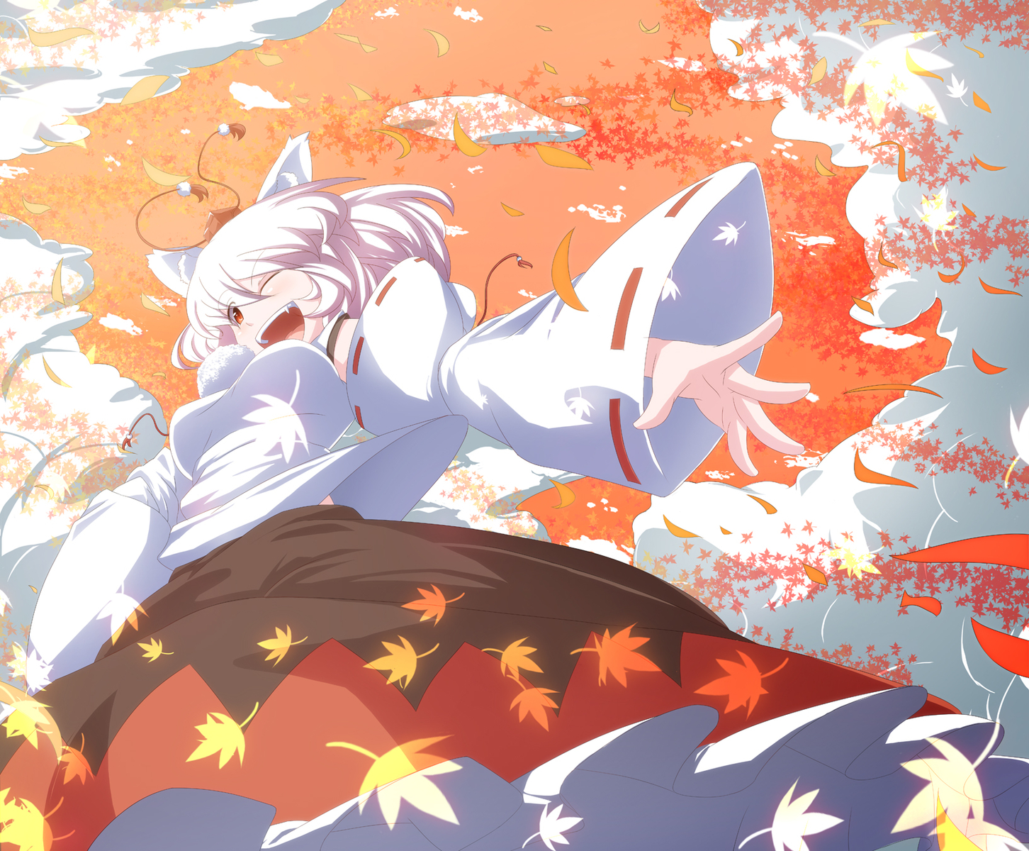 animal_ears, autumn, inubashiri_momiji, meracle, pink_hair, touhou, wink, wolfgirl