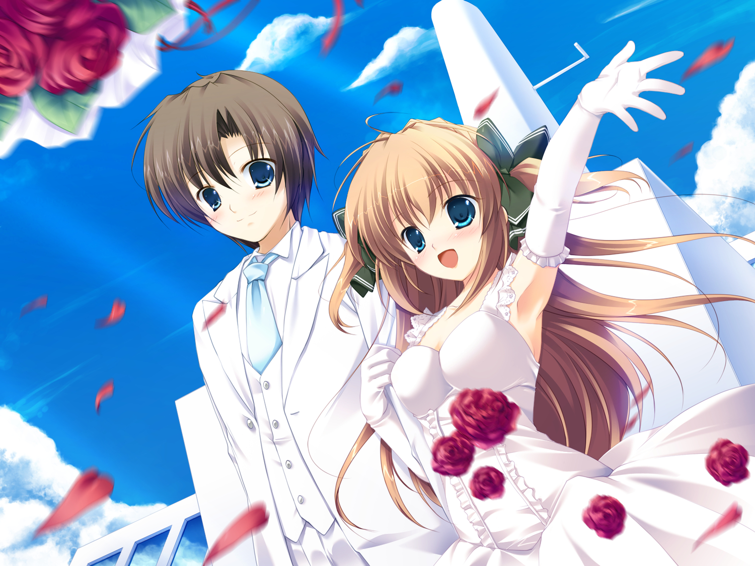 asuka_mirai, blue_eyes, brown_hair, elbow_gloves, flowers, game_cg, gloves, journey