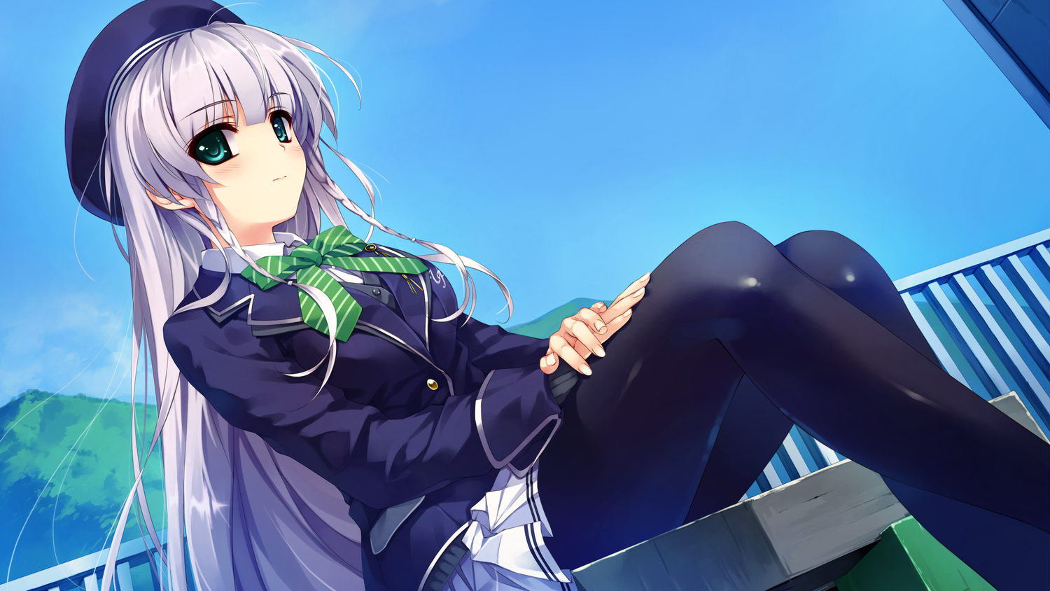 aqua_eyes, bow, furukawa_yui, game_cg, gray_hair, hat, kuroya_shinobu, long_hair, pantyhose, school_uniform, skirt, sky, tie, trumple, ushinawareta_mirai_wo_motomete
