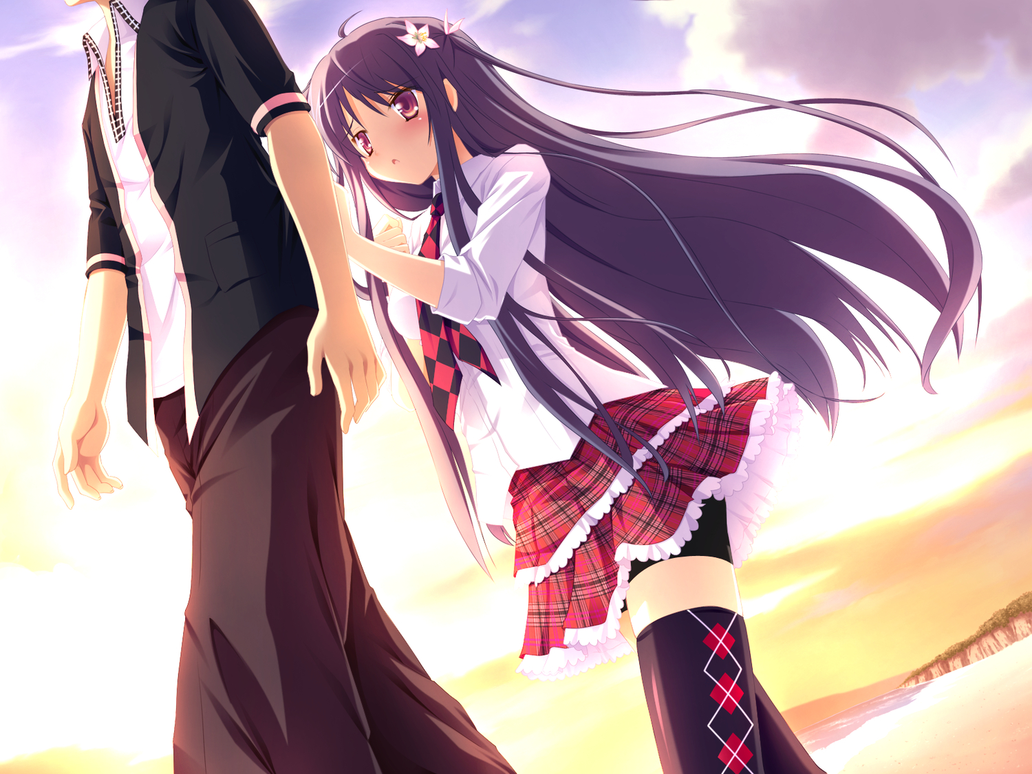 black_hair, game_cg, kibitsumiya_akari, long_hair, nimura_yuushi, oni_gokko, skirt, thighhighs