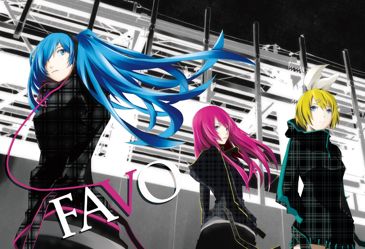 blonde_hair, blue_eyes, blue_hair, hatsune_miku, kagamine_rin, long_hair, megurine_luka, mujun_(zipper), pink_hair, twintails, vocaloid