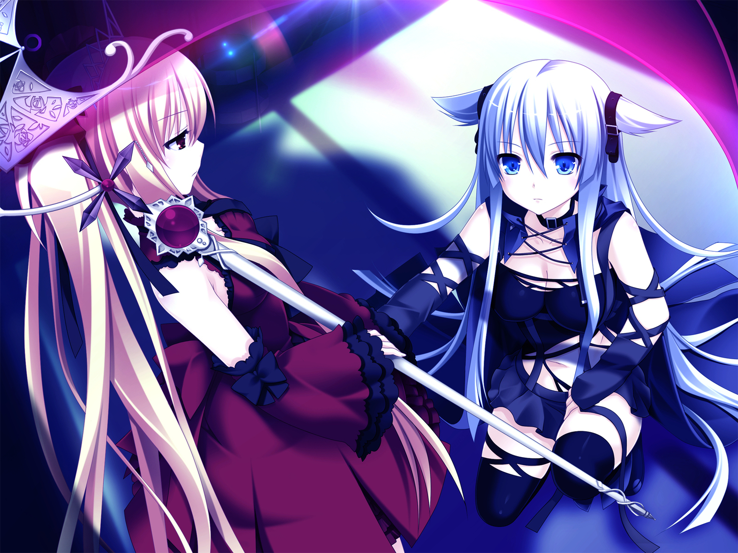 2girls, 3rd_eye, bloody_rondo, breasts, cleavage, collar, dress, game_cg