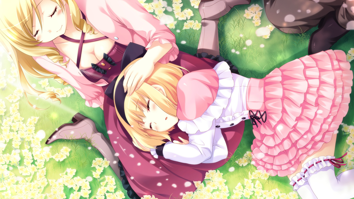 blonde_hair, dress, flowers, game_cg, hyper_highspeed_genius, iris_windsor, sakura_windsor, sleeping, windmill_(company)