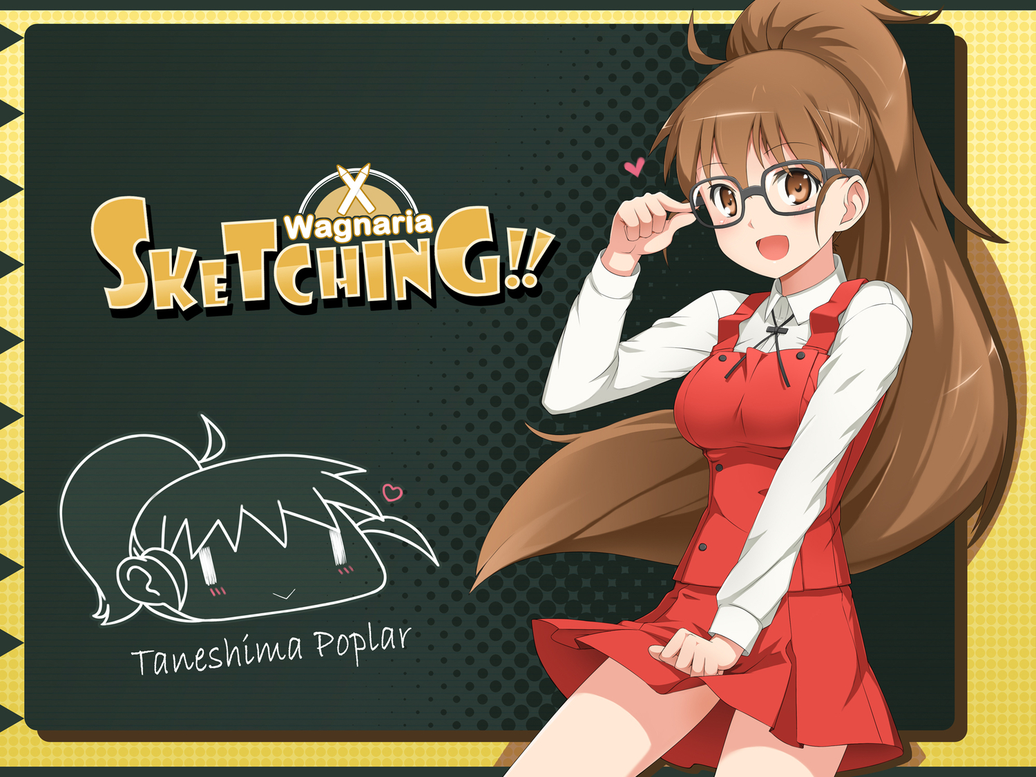 blush, brown_hair, crossover, glasses, hidamari_sketch, long_hair, parody, school_uniform, taneshima_popura, wittyz, working!!