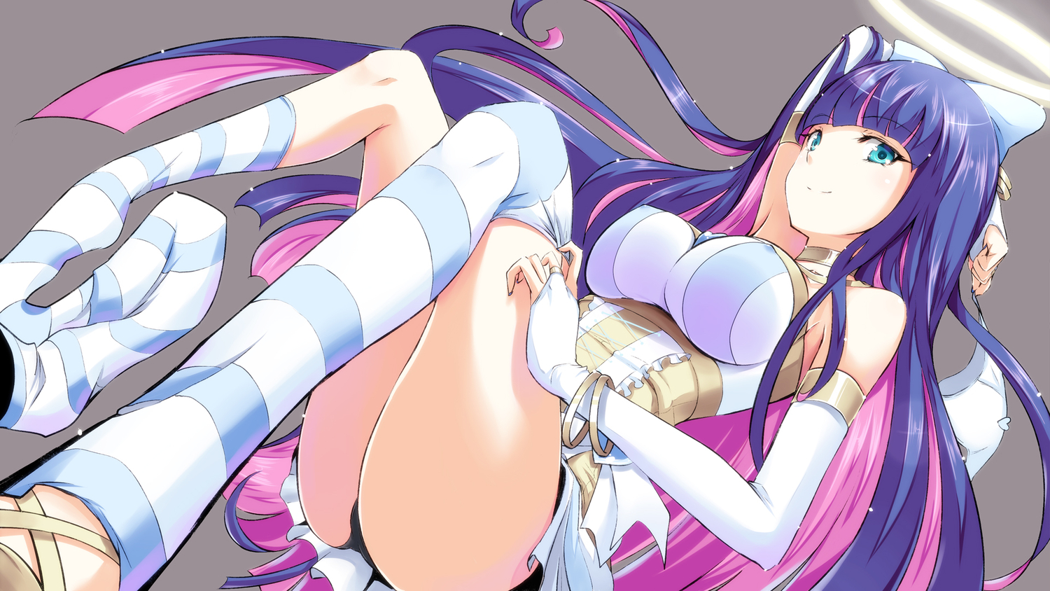 aqua_eyes, blue_hair, choker, elbow_gloves, gloves, halo, long_hair, panties, panty_&_stocking_with_garterbelt, pink_hair, stocking_(character), thighhighs, underwear, wristwear, yuki_mizore