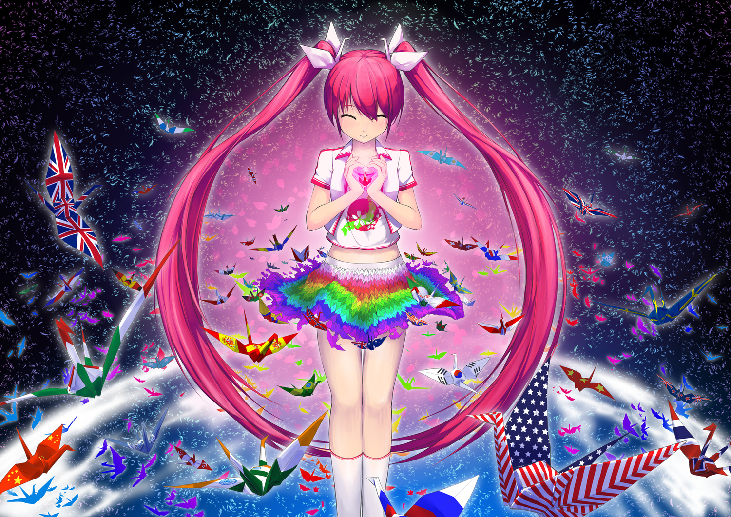 akama_zenta, bow, hatsune_miku, pink_hair, skirt, twintails, vocaloid