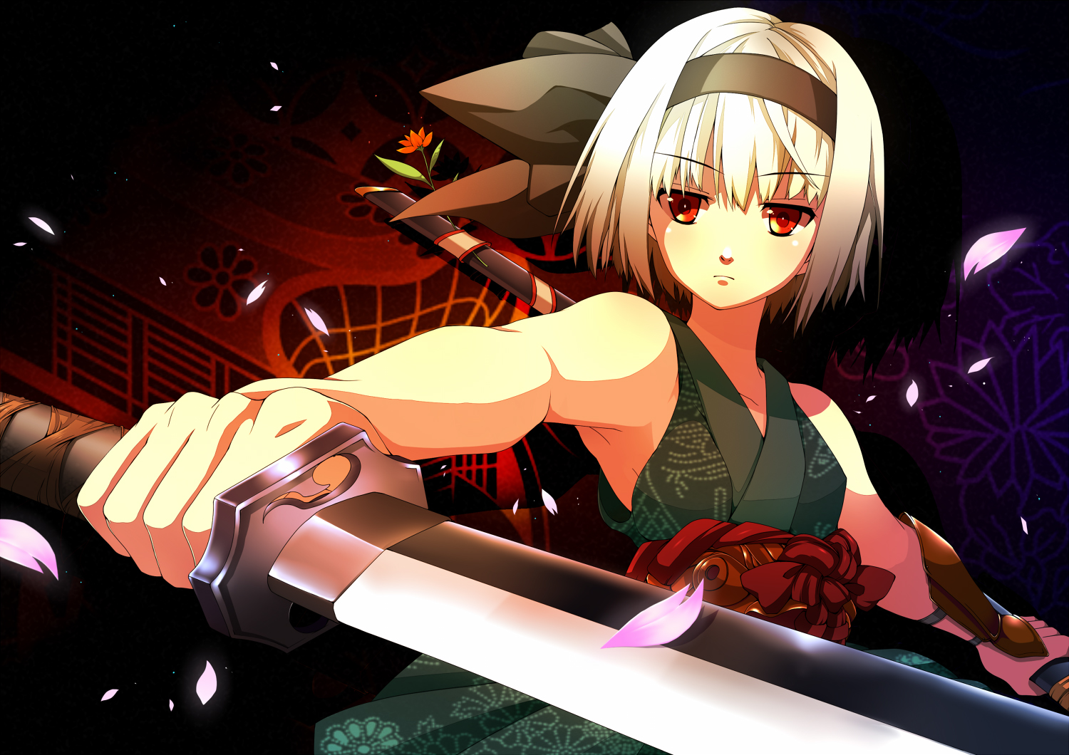 flowers, katana, konpaku_youmu, petals, red_eyes, shijimi-sama, sword, touhou, weapon, white_hair