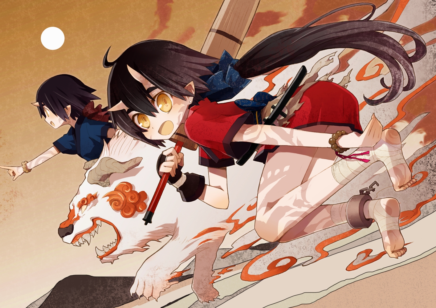 barefoot, black_hair, blade_chronicle, brown_eyes, chiba_sadoru, demon, japanese_clothes, knife, long_hair, pointed_ears, ponytail, weapon, yellow_eyes
