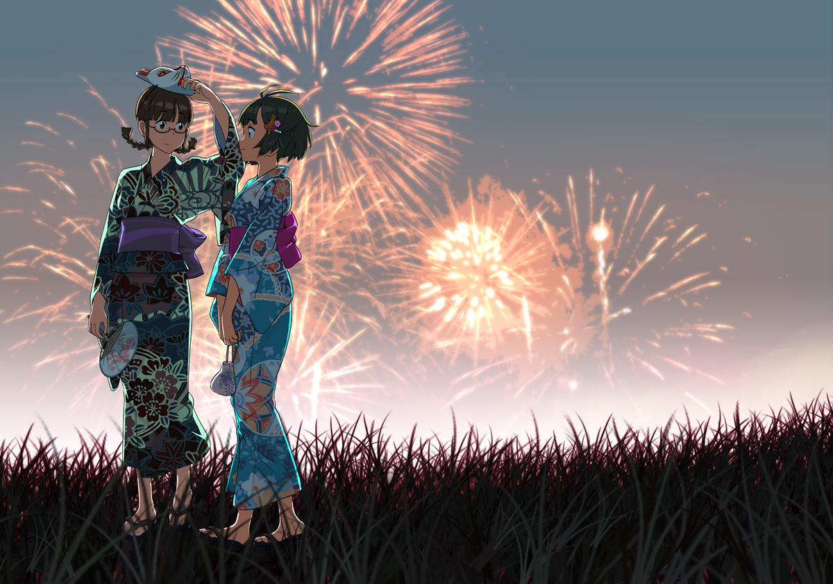 a-10, akizuki_ritsuko, akizuki_ryou, fireworks, idolmaster, japanese_clothes, male, otoko_no_ko, summer, yukata